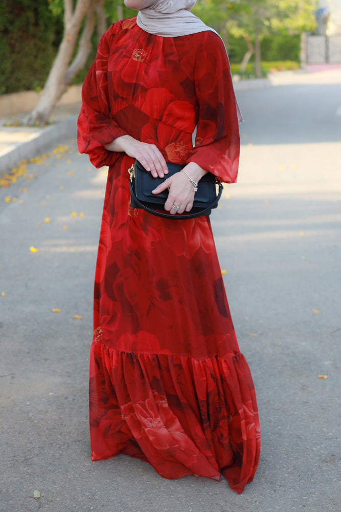 Tasneem empire waist chiffon bold flower print dress in red fully line with elasticated cuff sleeves - ANNAH HARIRI