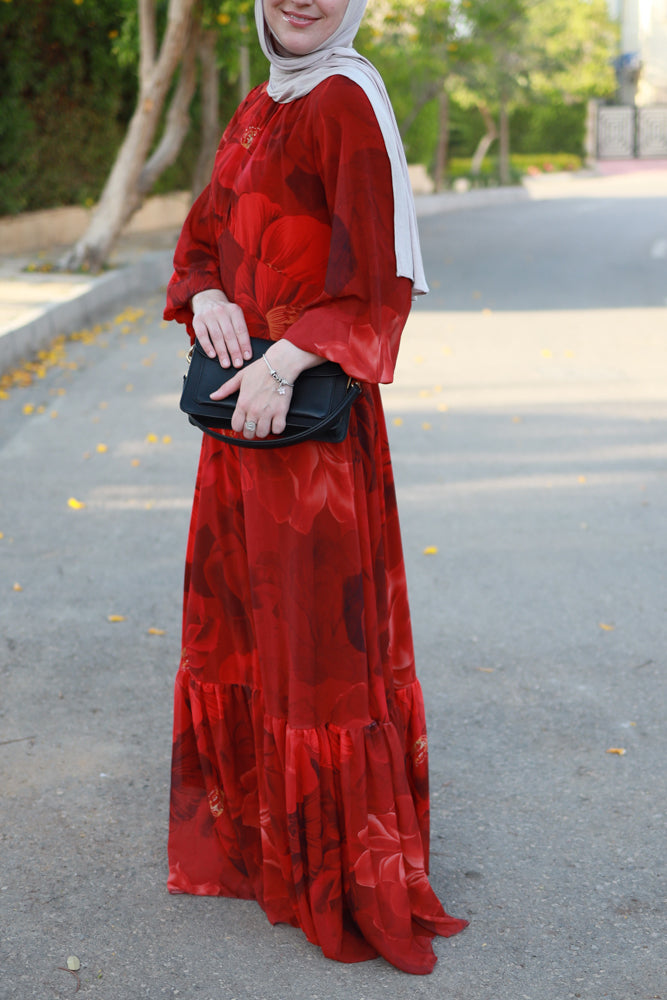 Tasneem empire waist chiffon bold flower print dress in red fully line with elasticated cuff sleeves - ANNAH HARIRI