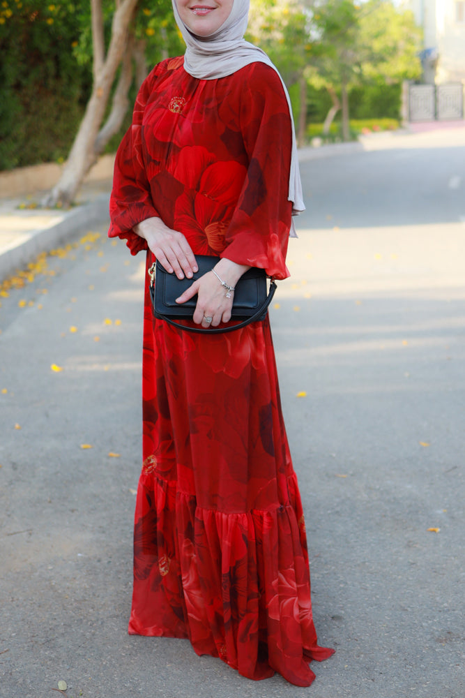 Tasneem empire waist chiffon bold flower print dress in red fully line with elasticated cuff sleeves - ANNAH HARIRI