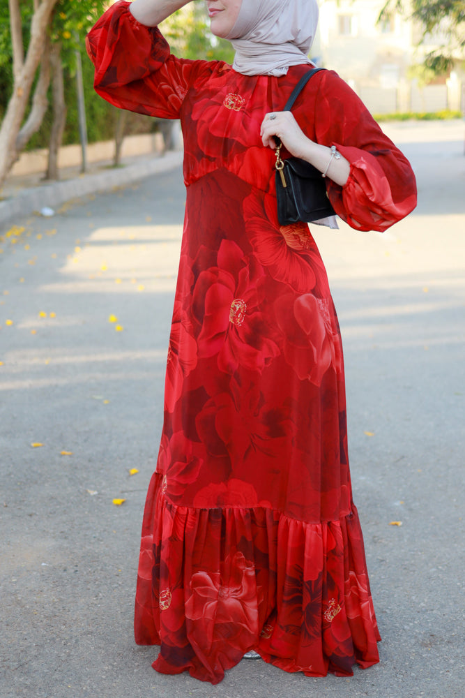 Tasneem empire waist chiffon bold flower print dress in red fully line with elasticated cuff sleeves - ANNAH HARIRI