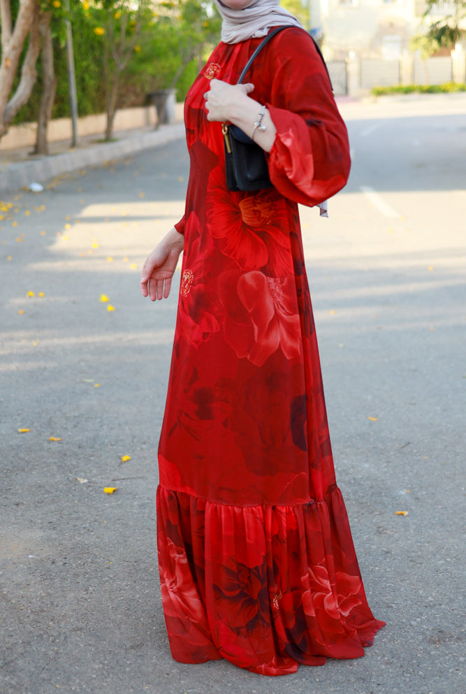 Tasneem empire waist chiffon bold flower print dress in red fully line with elasticated cuff sleeves - ANNAH HARIRI