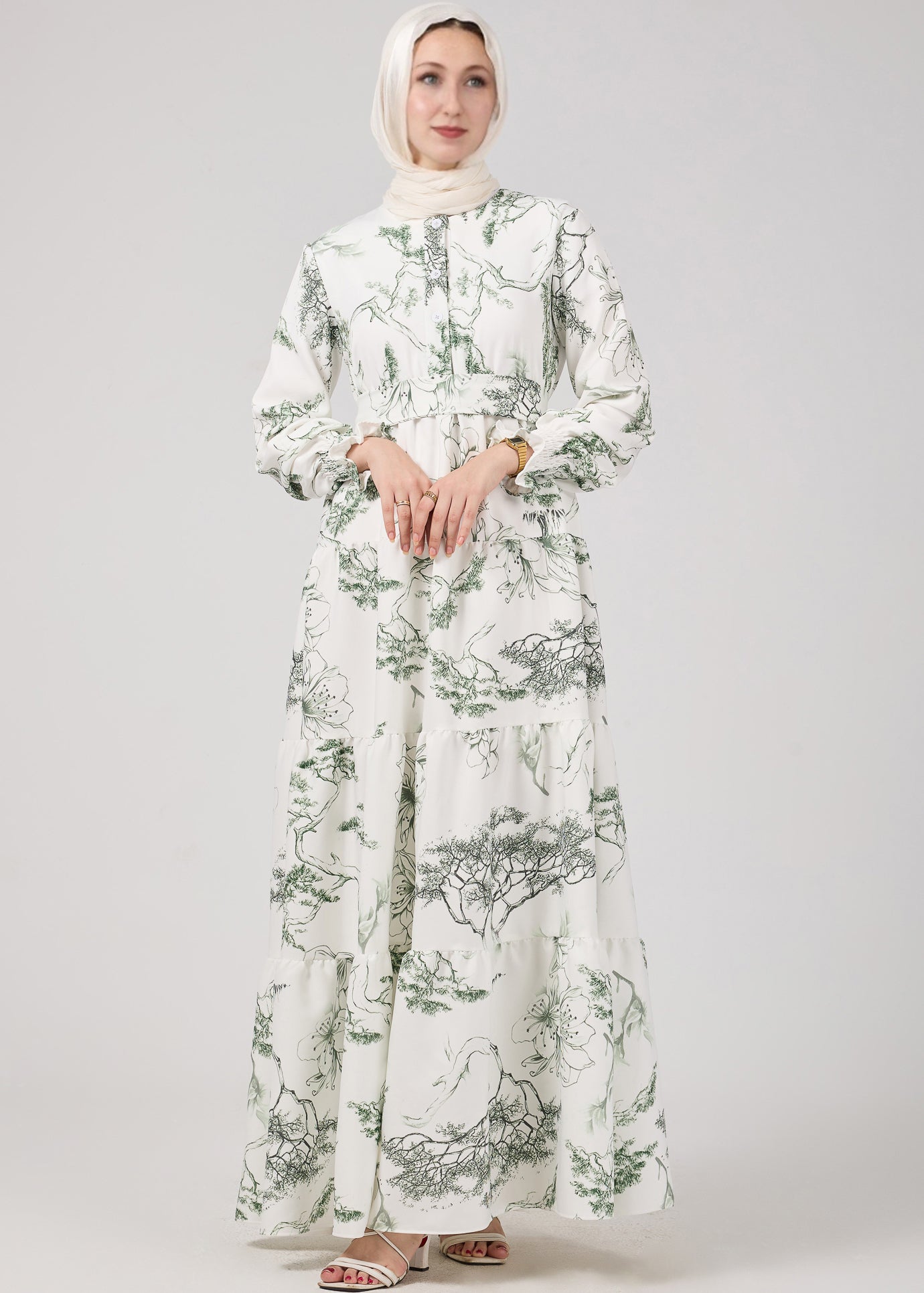 Elegance Flora Crepe Maxi Dress botanical print close-up