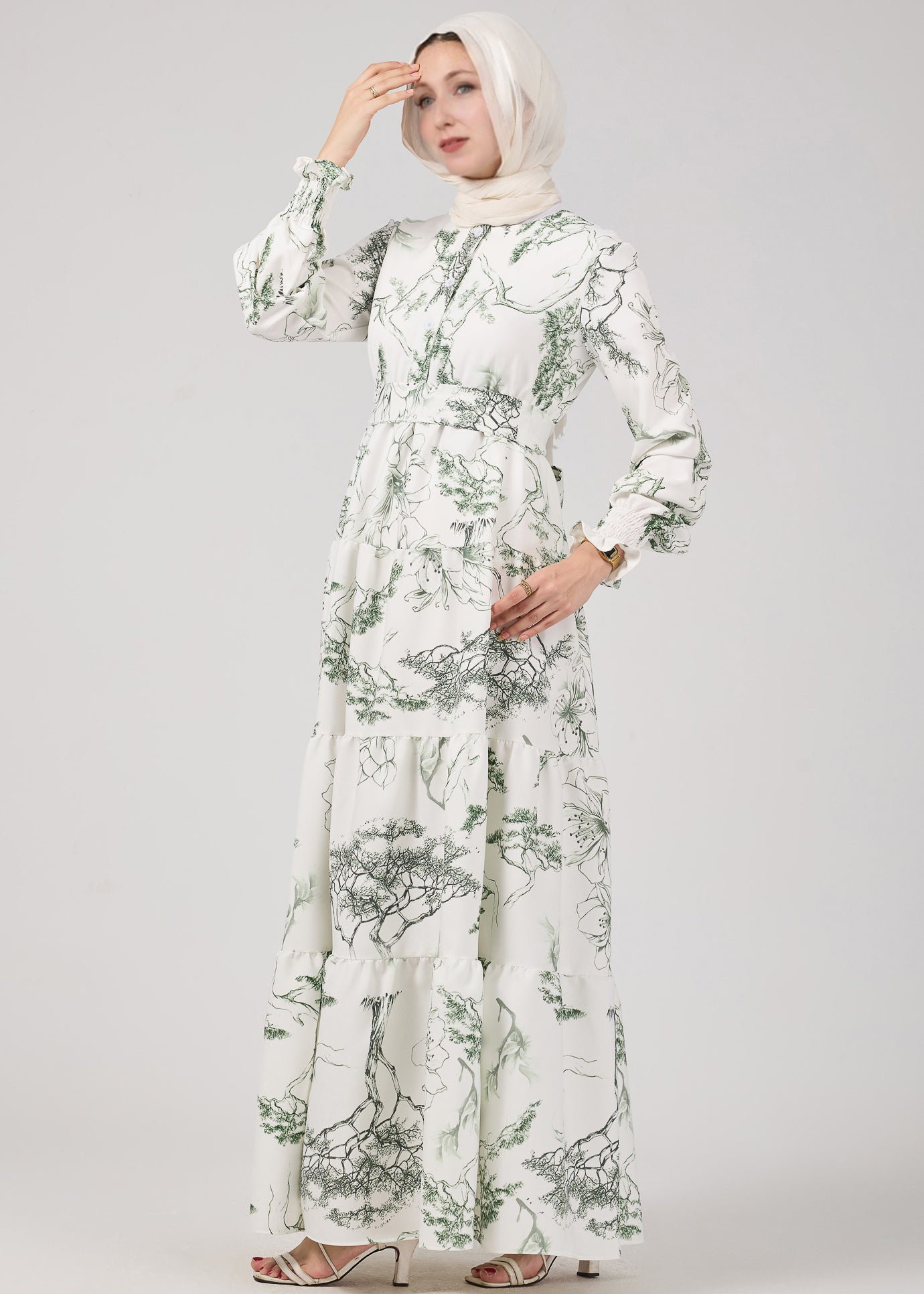 Elegance Flora Crepe Maxi Dress puff sleeves detail