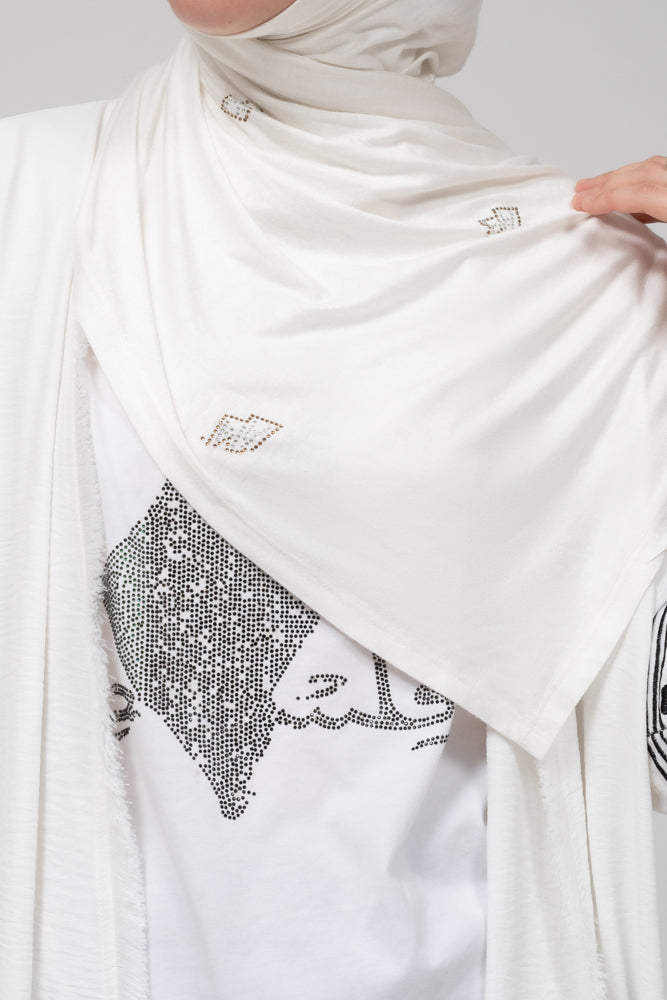 Rhinestone white jersey softest hijab scarf - ANNAH HARIRI