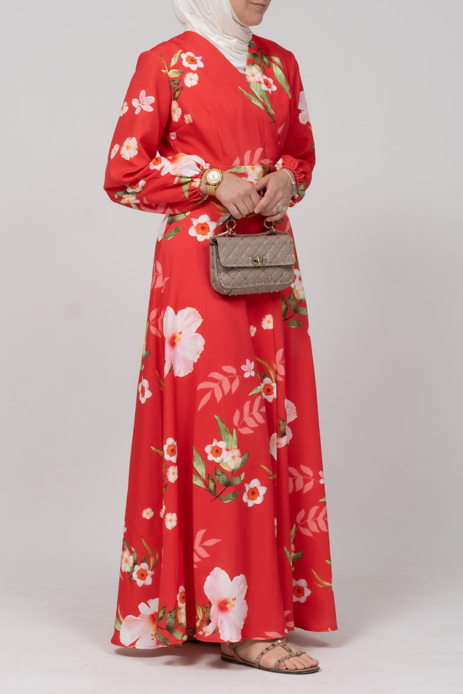 Sandalwood dress in bold floral print with v-neck elasticated sleeves zipper fastening - ANNAH HARIRI