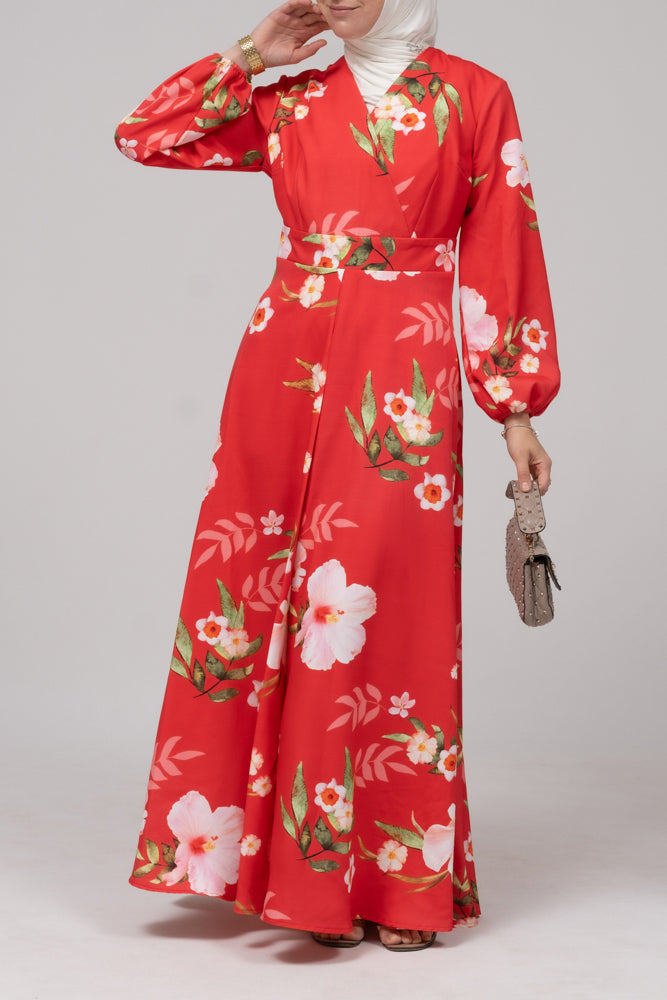 Sandalwood dress in bold floral print with v-neck elasticated sleeves zipper fastening - ANNAH HARIRI