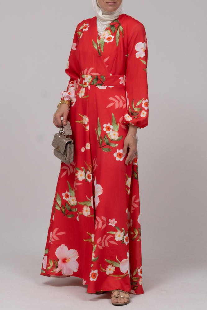 Sandalwood dress in bold floral print with v-neck elasticated sleeves zipper fastening - ANNAH HARIRI