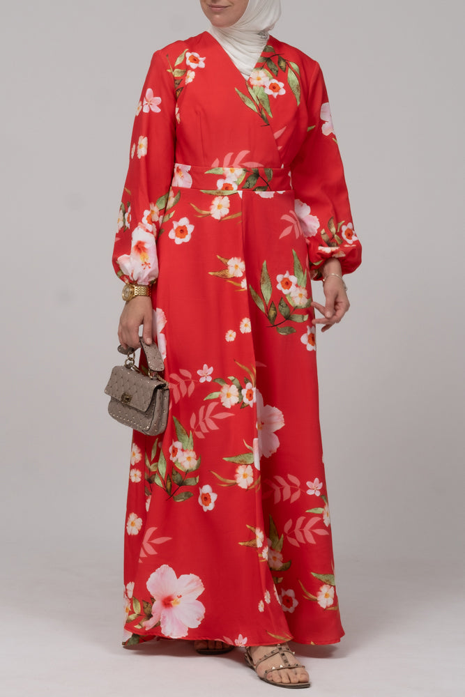 Sandalwood dress in bold floral print with v-neck elasticated sleeves zipper fastening - ANNAH HARIRI