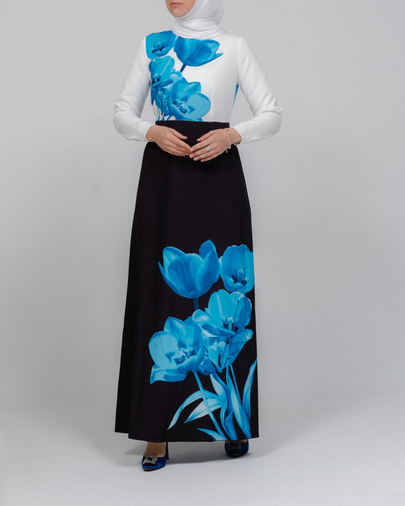 Aya maxi contrast 3D Floral print modest dress with long sleeve contrast white top - ANNAH HARIRI