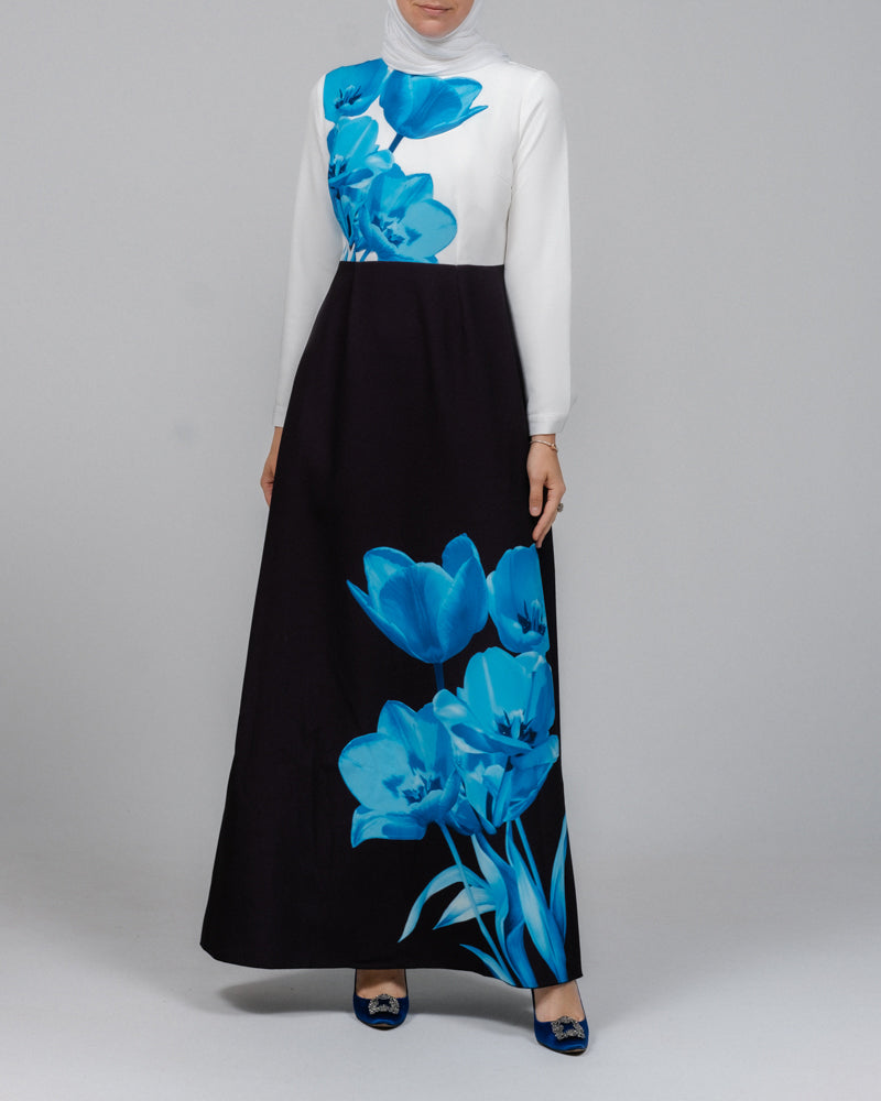 Aya maxi contrast 3D Floral print modest dress with long sleeve contrast white top - ANNAH HARIRI