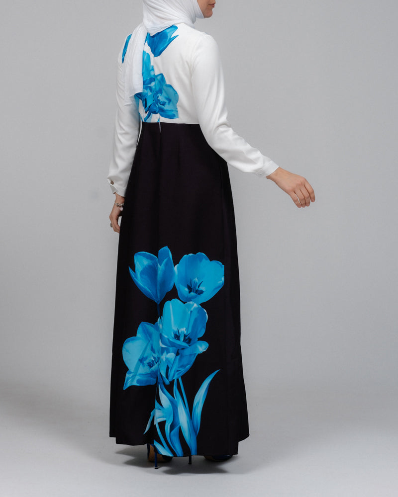 Aya maxi contrast 3D Floral print modest dress with long sleeve contrast white top - ANNAH HARIRI