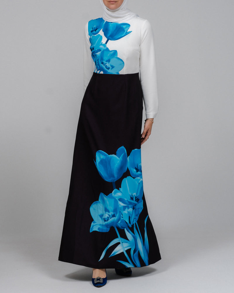 Aya maxi contrast 3D Floral print modest dress with long sleeve contrast white top - ANNAH HARIRI