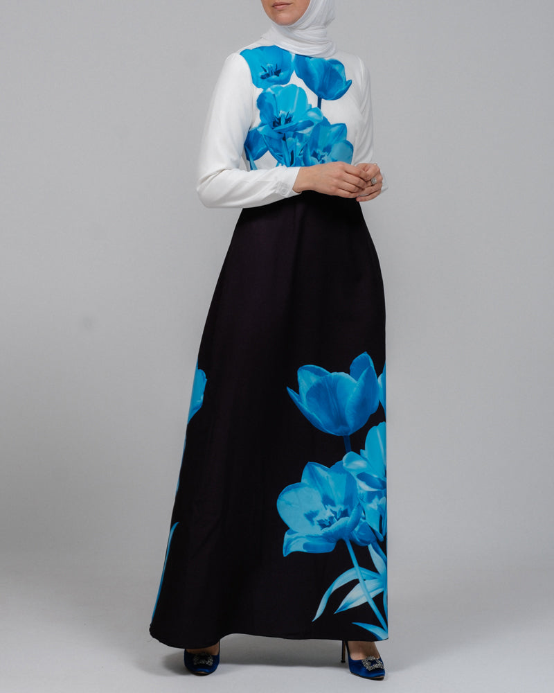 Aya maxi contrast 3D Floral print modest dress with long sleeve contrast white top - ANNAH HARIRI