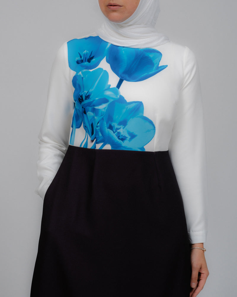 Aya maxi contrast 3D Floral print modest dress with long sleeve contrast white top - ANNAH HARIRI