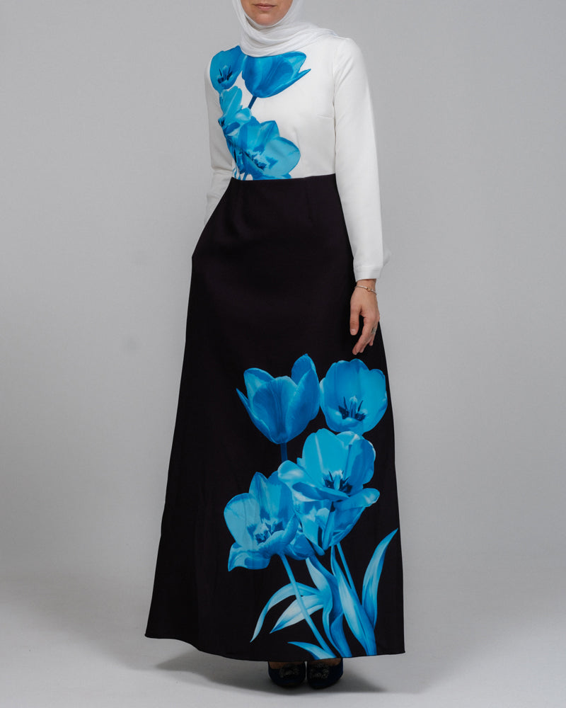 Aya maxi contrast 3D Floral print modest dress with long sleeve contrast white top - ANNAH HARIRI