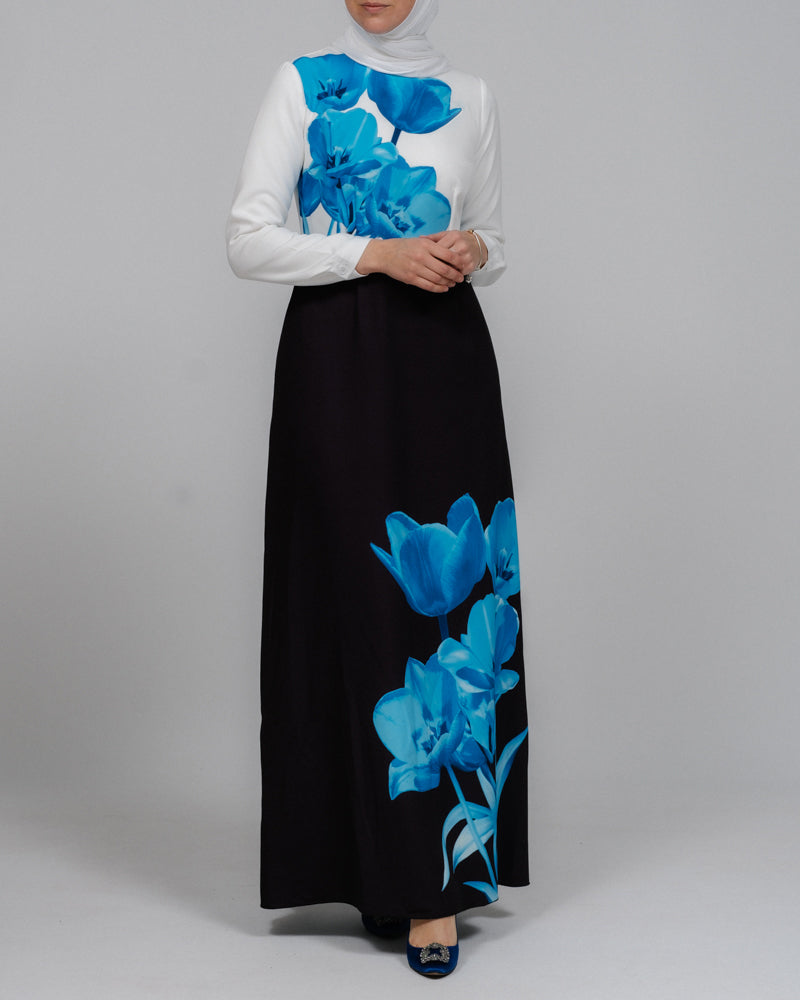 Aya maxi contrast 3D Floral print modest dress with long sleeve contrast white top - ANNAH HARIRI