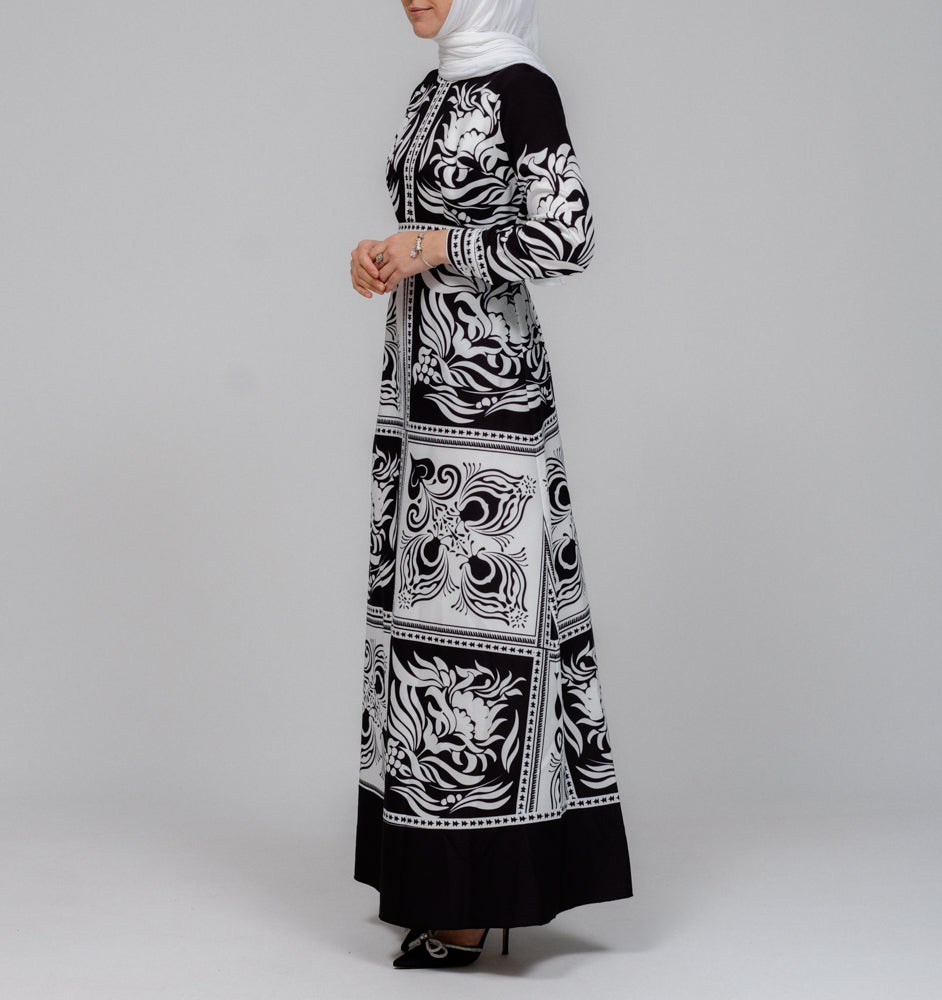 Zubeyde monochrome scarf print black and white maxi dress with detachable belt - ANNAH HARIRI