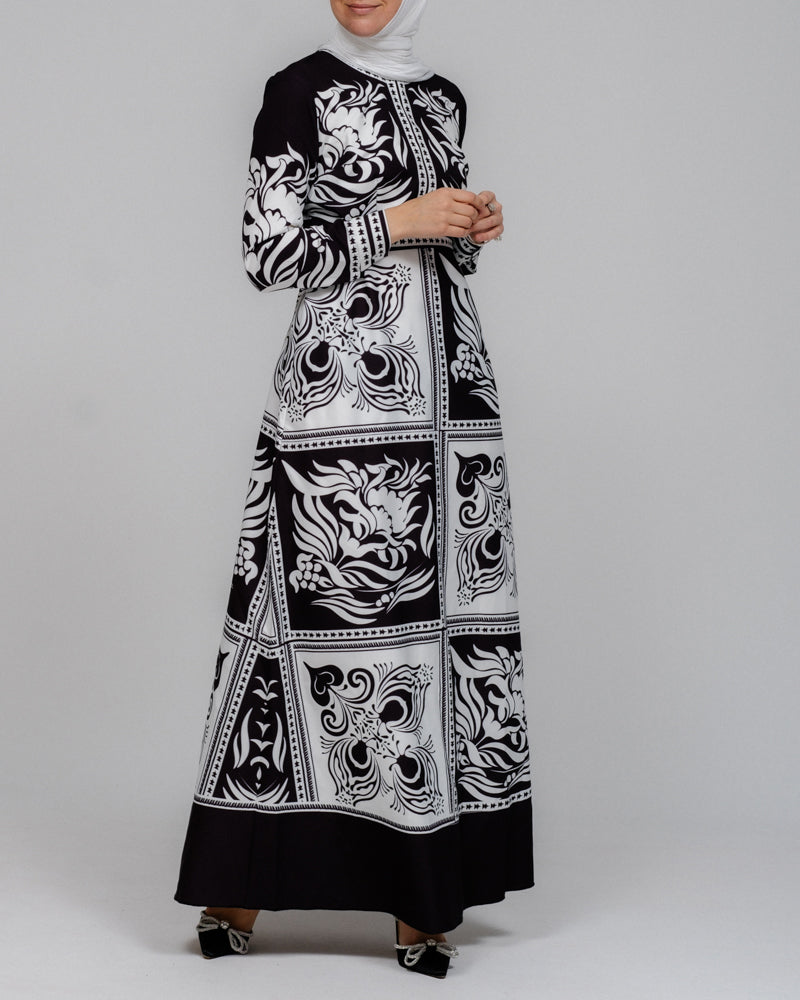 Zubeyde monochrome scarf print black and white maxi dress with detachable belt - ANNAH HARIRI