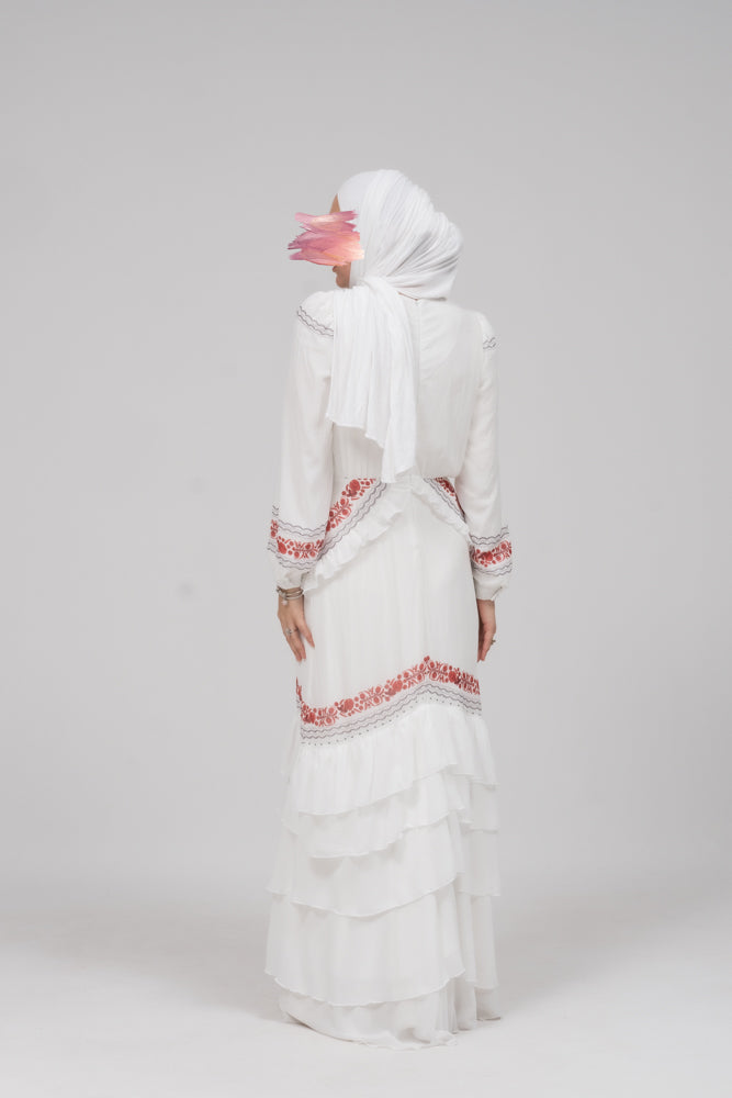 In Style chiffon long sleeve maxi dress with frills in tatreez print ecru white - ANNAH HARIRI