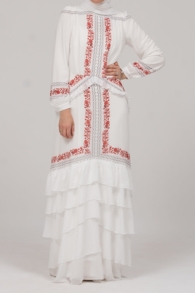 In Style chiffon long sleeve maxi dress with frills in tatreez print ecru white - ANNAH HARIRI