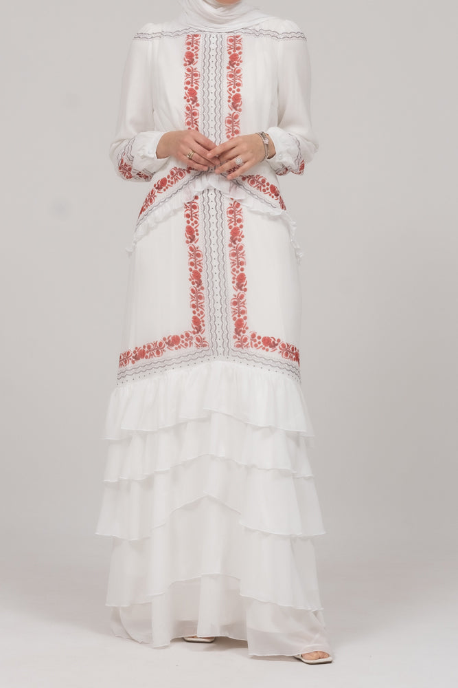 In Style chiffon long sleeve maxi dress with frills in tatreez print ecru white - ANNAH HARIRI