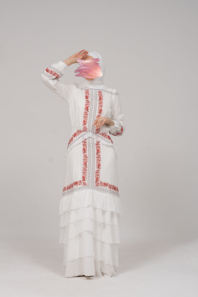 In Style chiffon long sleeve maxi dress with frills in tatreez print ecru white - ANNAH HARIRI