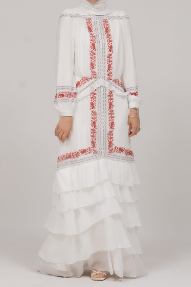 In Style chiffon long sleeve maxi dress with frills in tatreez print ecru white - ANNAH HARIRI