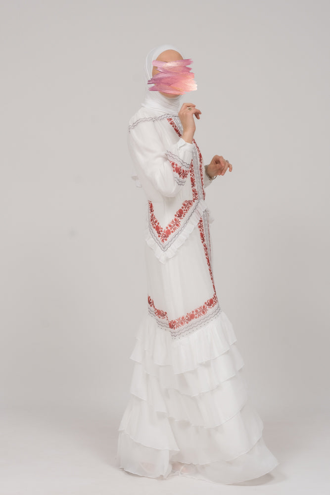 In Style chiffon long sleeve maxi dress with frills in tatreez print ecru white - ANNAH HARIRI