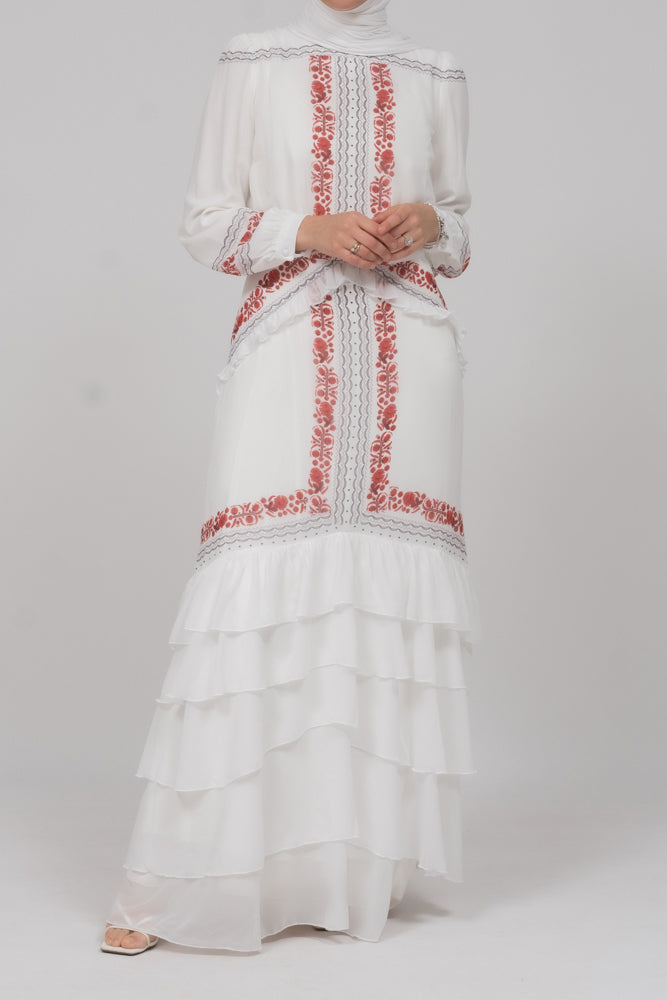 In Style chiffon long sleeve maxi dress with frills in tatreez print ecru white - ANNAH HARIRI