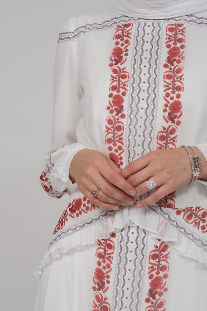 In Style chiffon long sleeve maxi dress with frills in tatreez print ecru white - ANNAH HARIRI