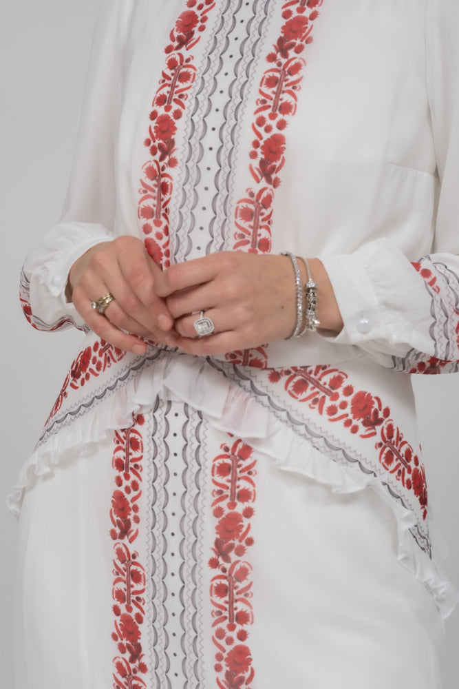 In Style chiffon long sleeve maxi dress with frills in tatreez print ecru white - ANNAH HARIRI