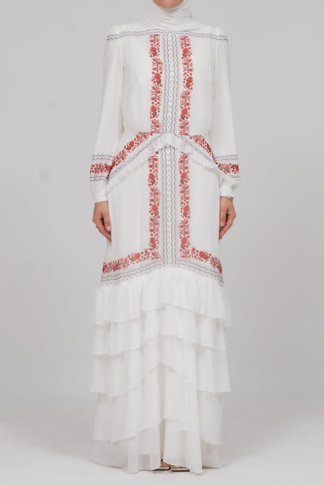 In Style chiffon long sleeve maxi dress with frills in tatreez print ecru white - ANNAH HARIRI