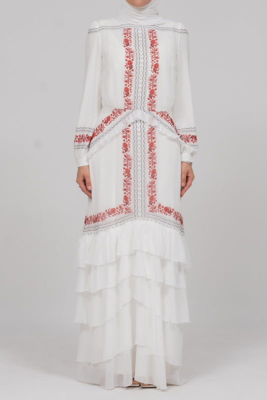 In Style chiffon long sleeve maxi dress with frills in tatreez print ecru white