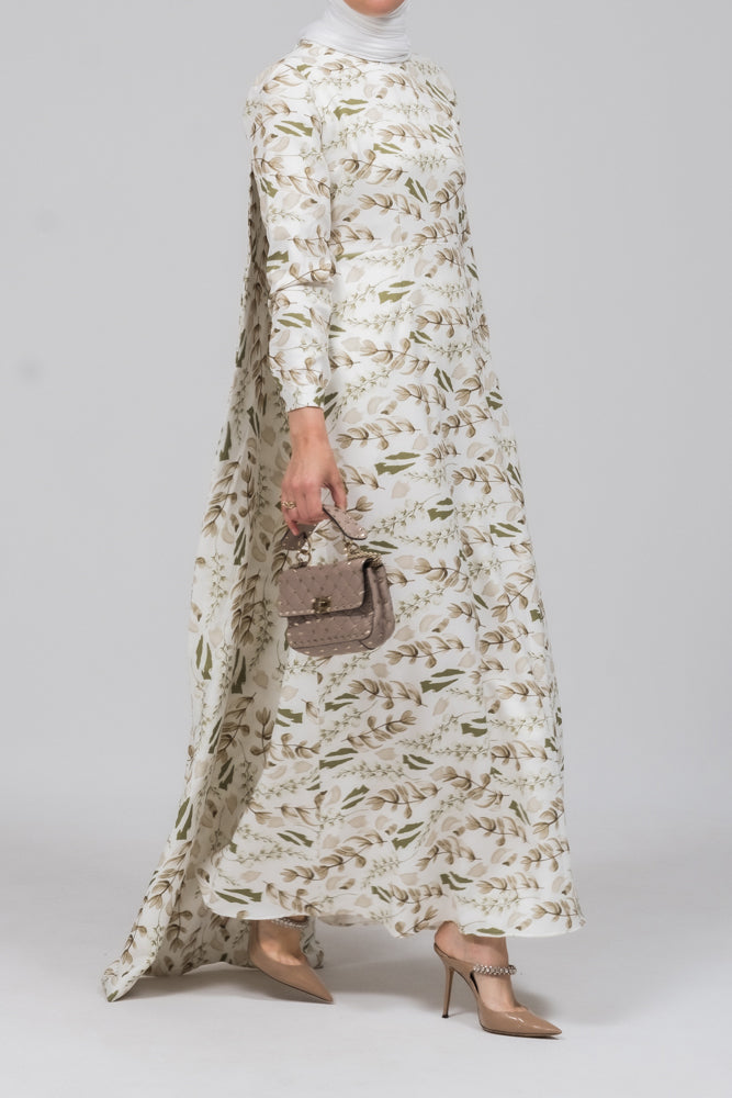 Frock allover pelerine maxi dress with long cape detail in green floral print - ANNAH HARIRI