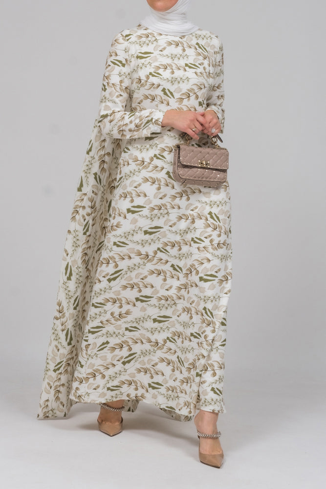 Frock allover pelerine maxi dress with long cape detail in green floral print - ANNAH HARIRI