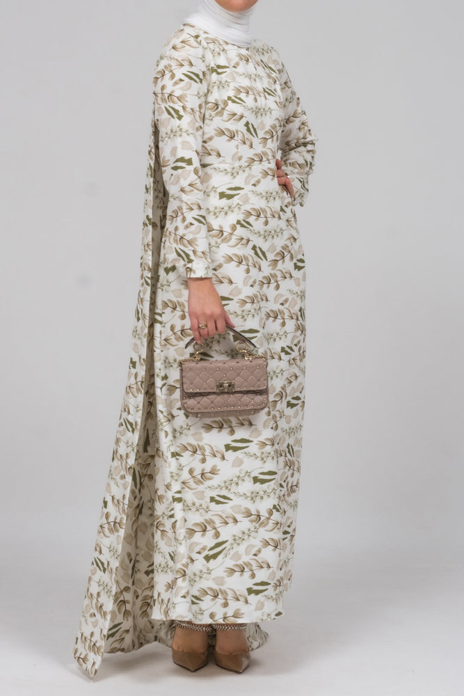 Frock allover pelerine maxi dress with long cape detail in green floral print - ANNAH HARIRI