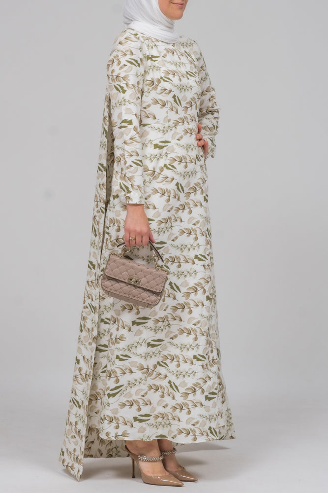 Frock allover pelerine maxi dress with long cape detail in green floral print - ANNAH HARIRI