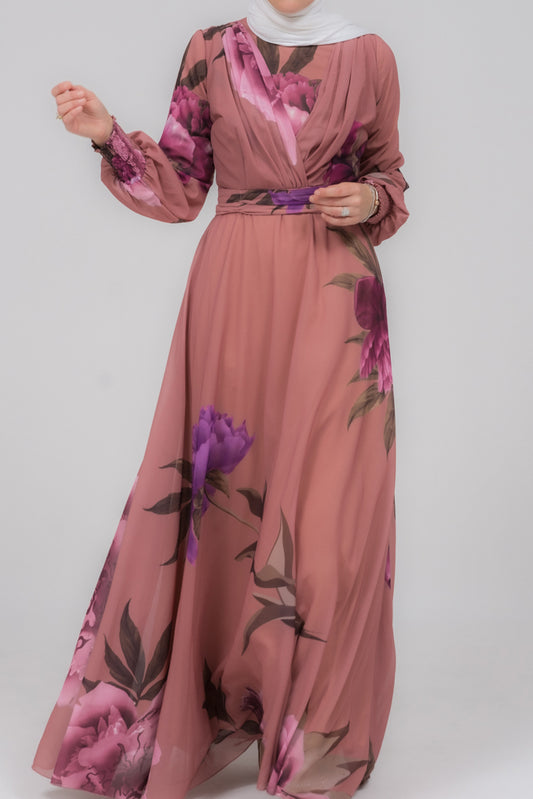 Eclat chiffon flared sleeve mock v-neck maxi dress in bold floral