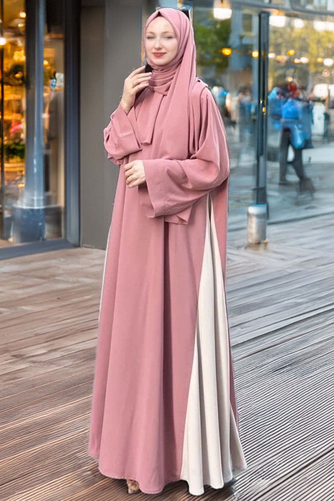 Back view of Rosewood-colored two-tone crepe Abaya