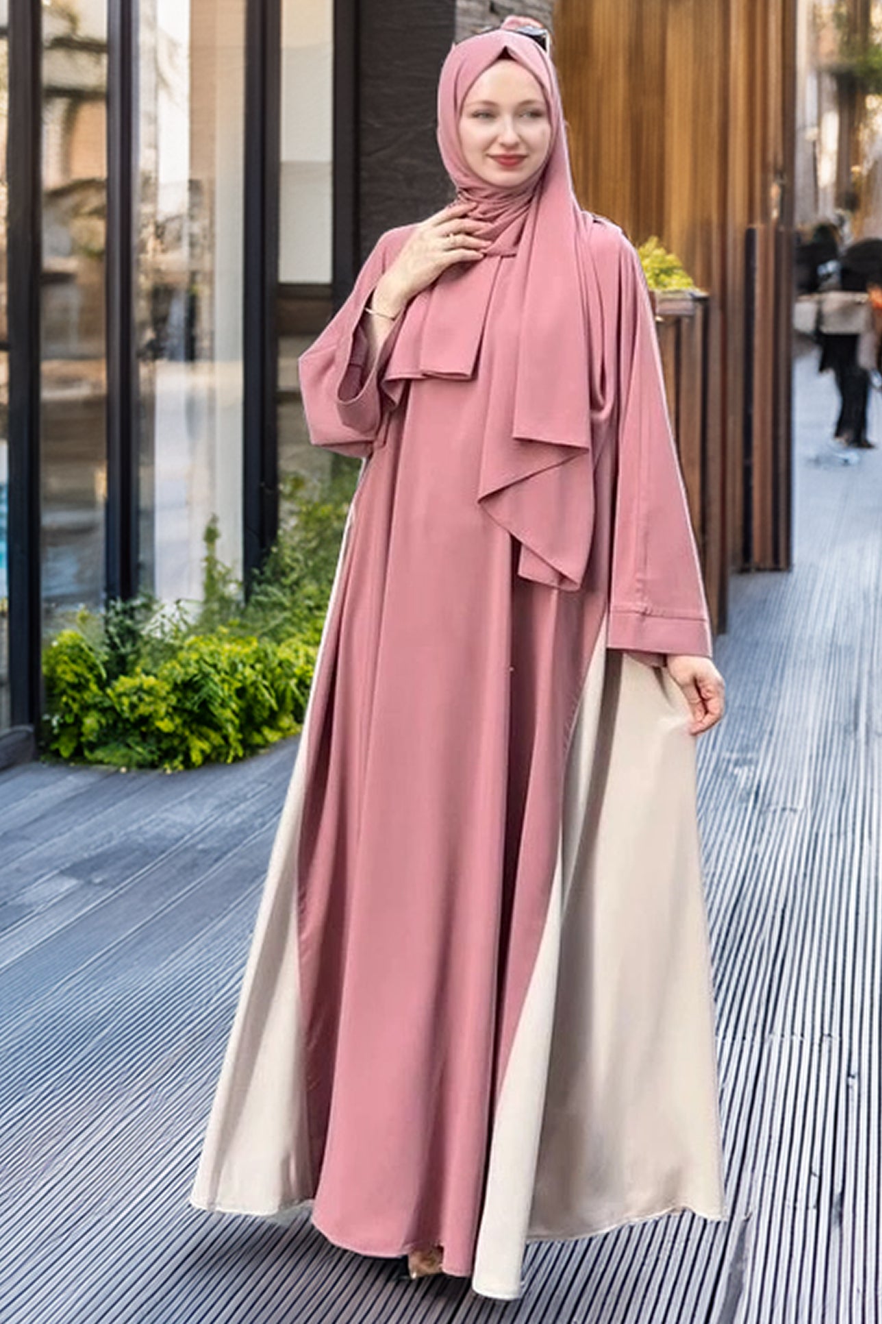 Front view of Rosewood-colored two-tone crepe Abaya