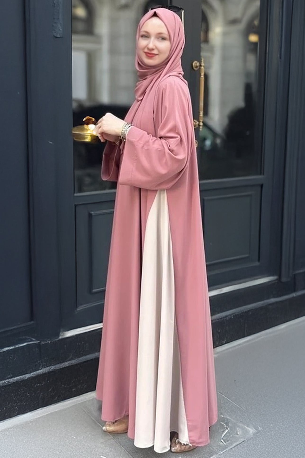 Side view of Rosewood-colored two-tone crepe Abaya
