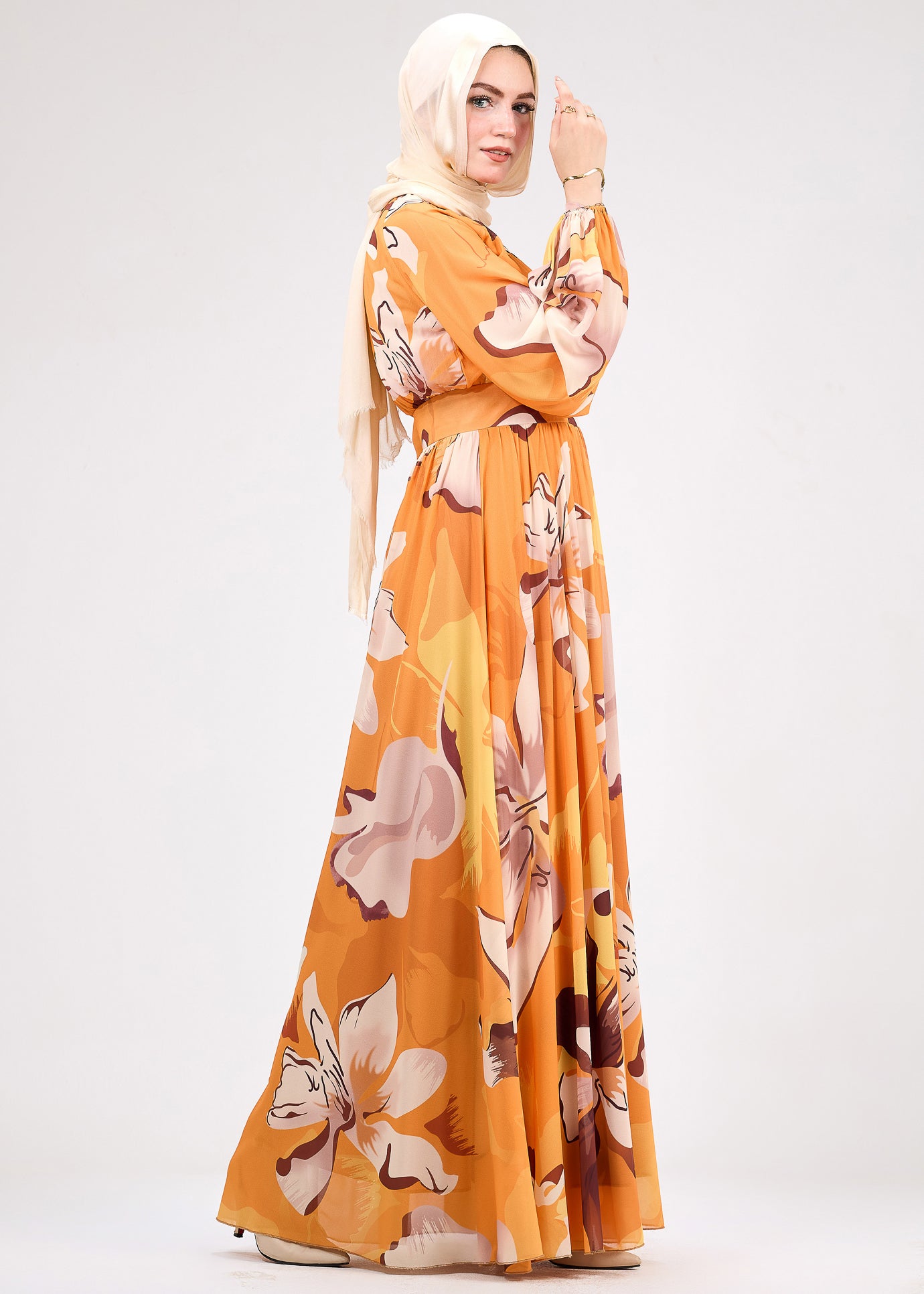 Flowing chiffon skirt of amber floral modesty dress