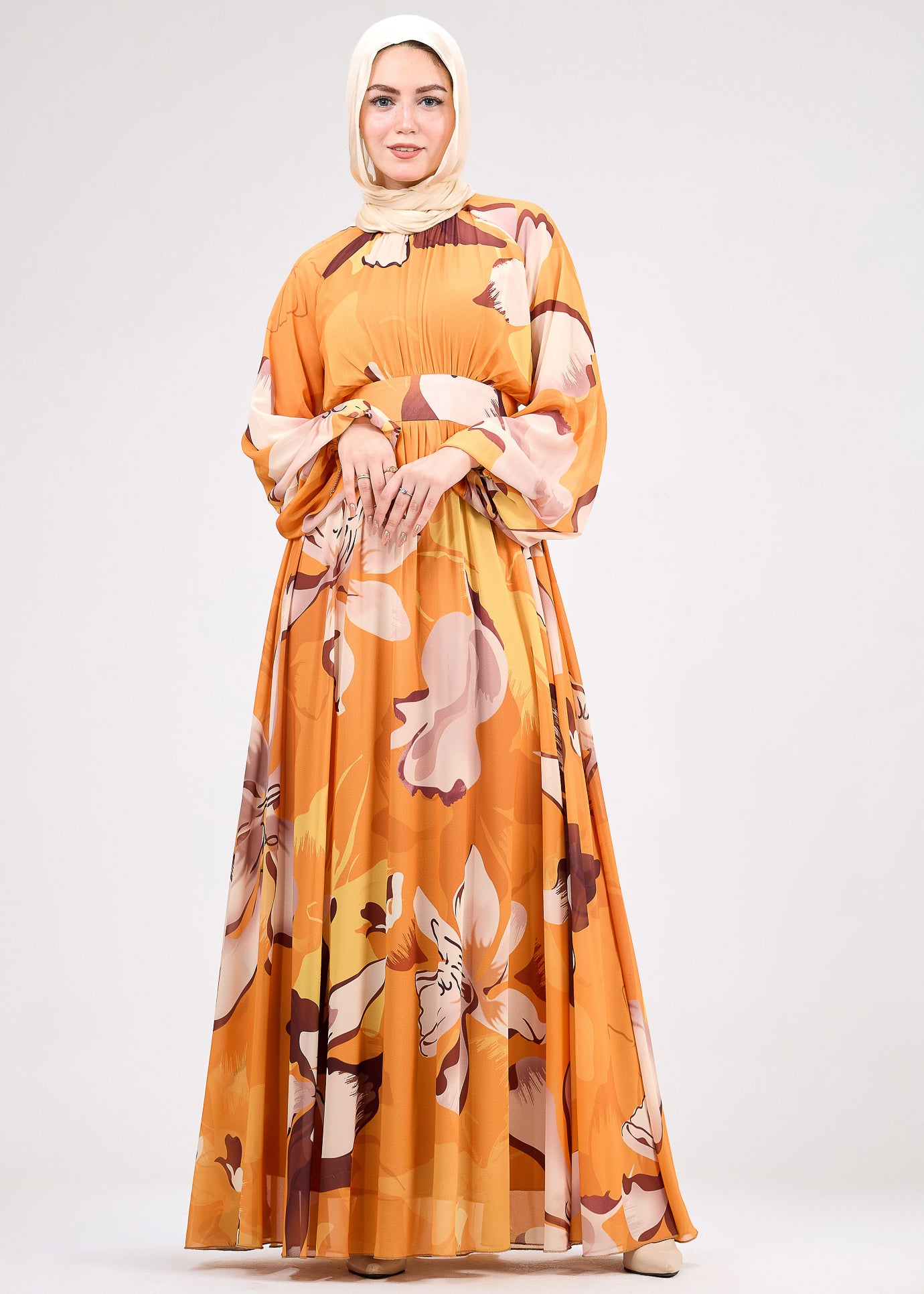 Front view of amber floral modest chiffon dress for women