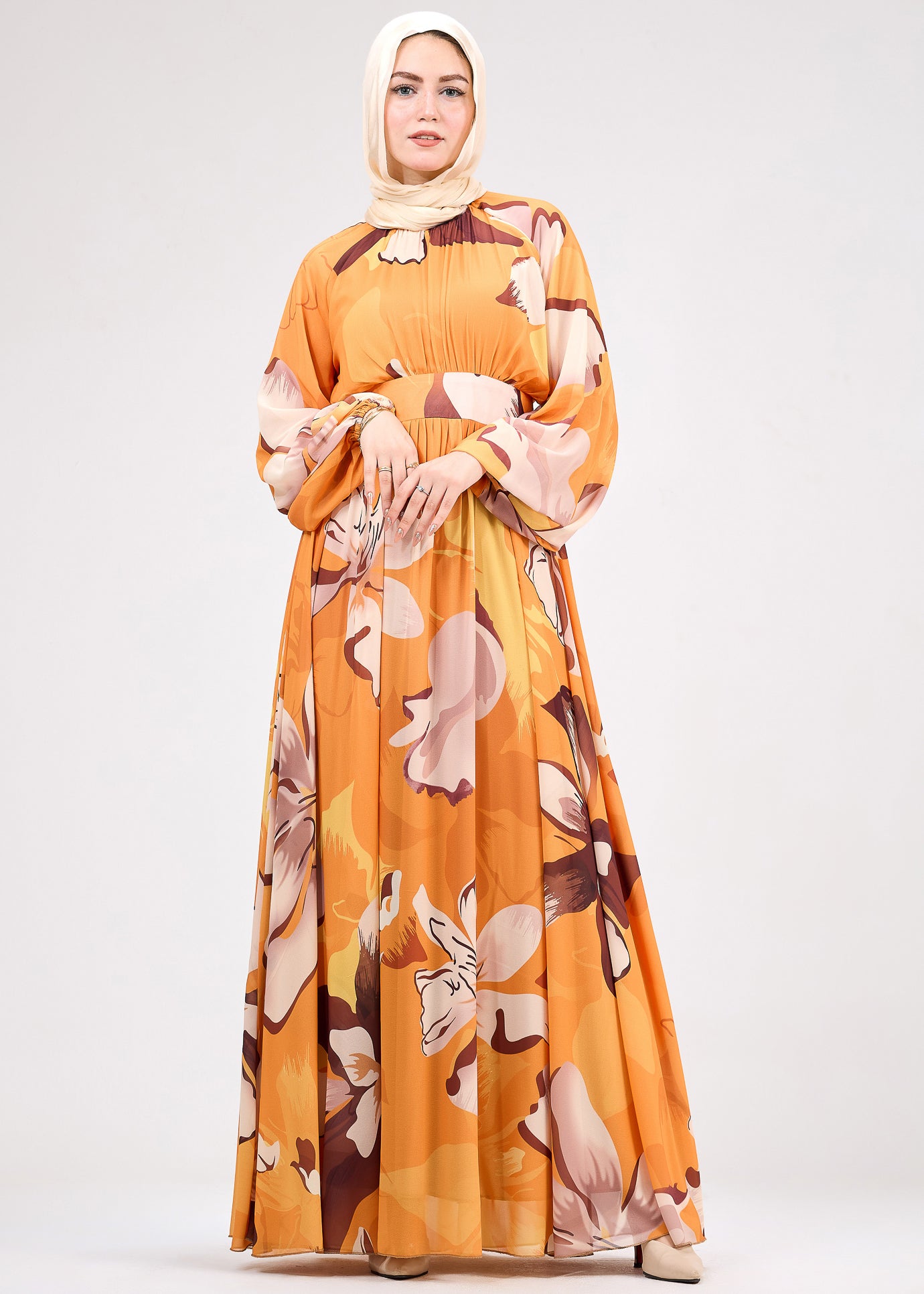 Side profile of amber chiffon floral dress, perfect for modest fashion