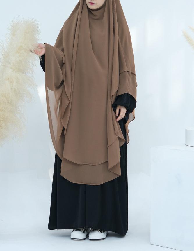 Khaki chiffon khimar designed by Annah Hariri