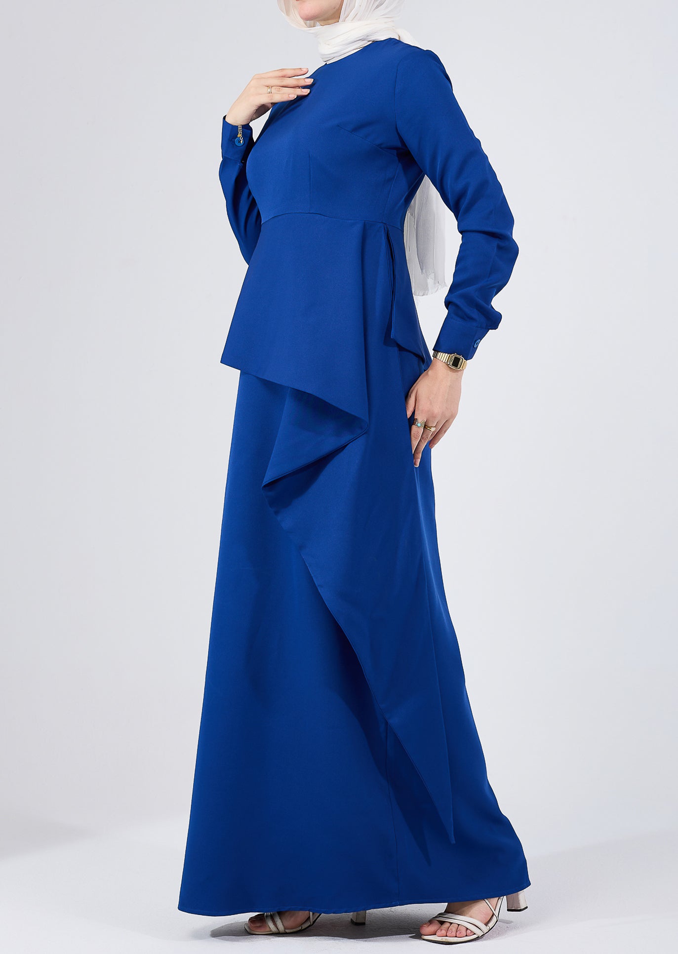 Back view of Asymmetric Peplum Maxi Dress in Royal Blue