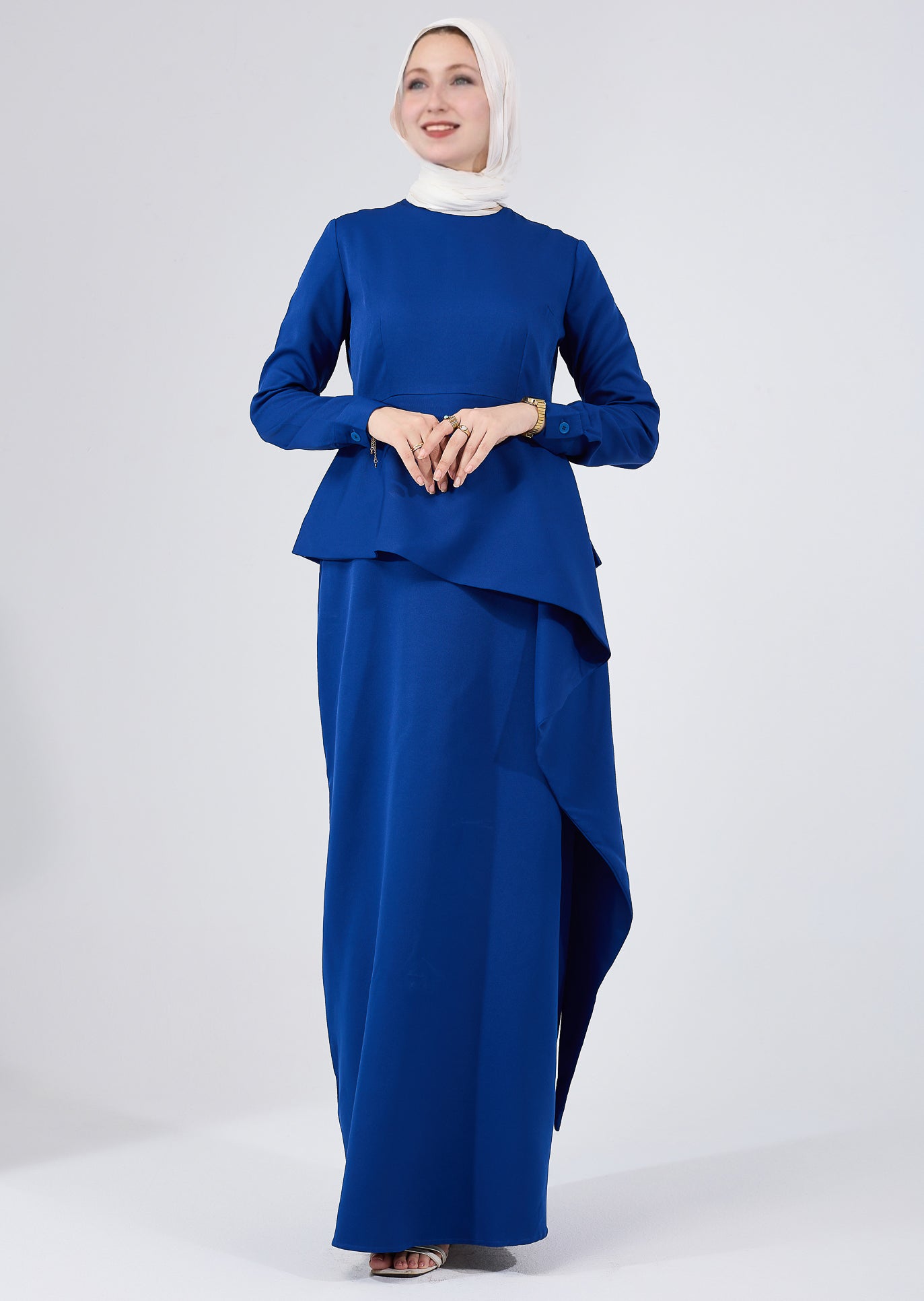 Close-up of sleeve detail of Asymmetric Peplum Maxi Dress in Royal Blue
