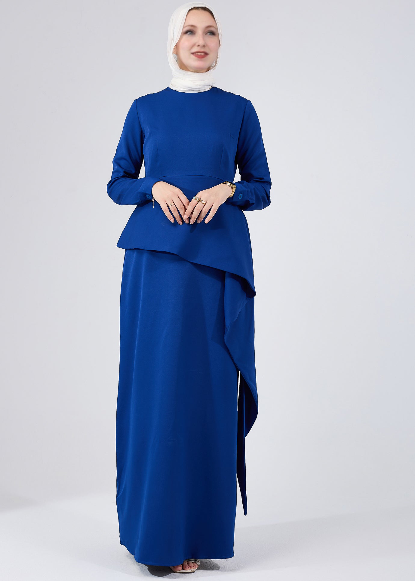 Front view of Asymmetric Peplum Maxi Dress in Royal Blue