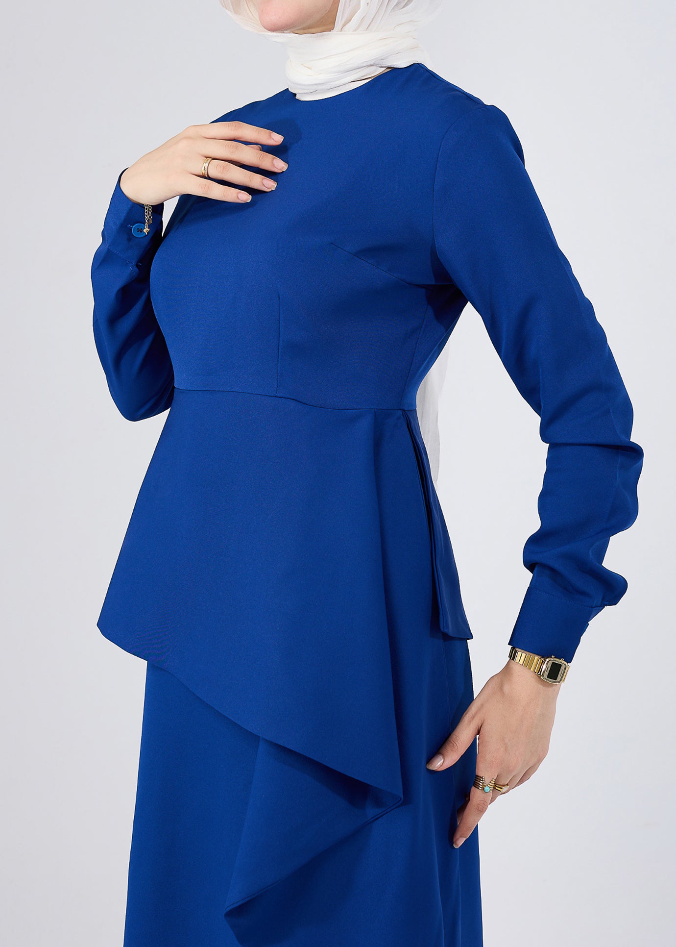 Waist detail of Asymmetric Peplum Maxi Dress in Royal Blue
