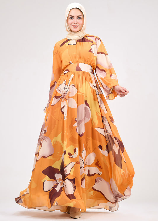 Floral chiffon maxi dress with autumn bloom pattern in amber tones